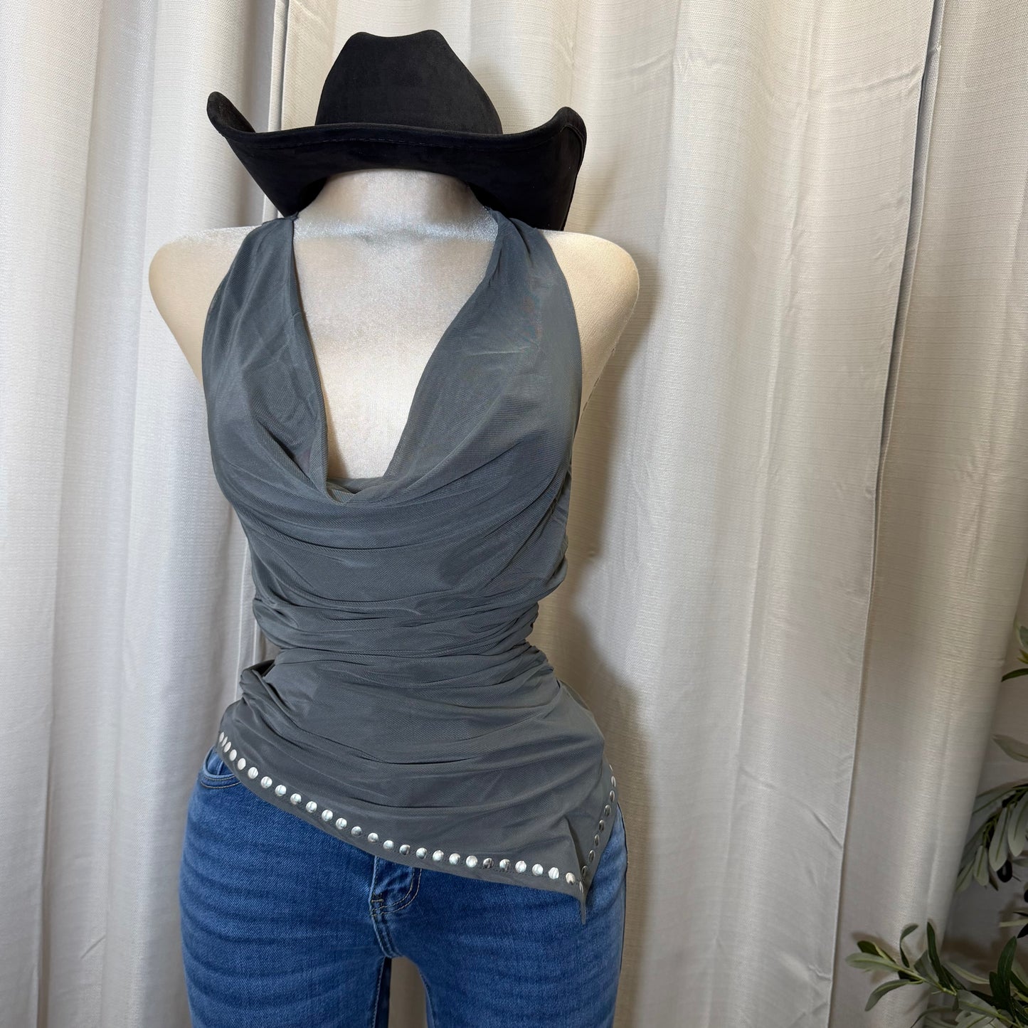 Cowl Neck Halter Ruched Top-Charcoal