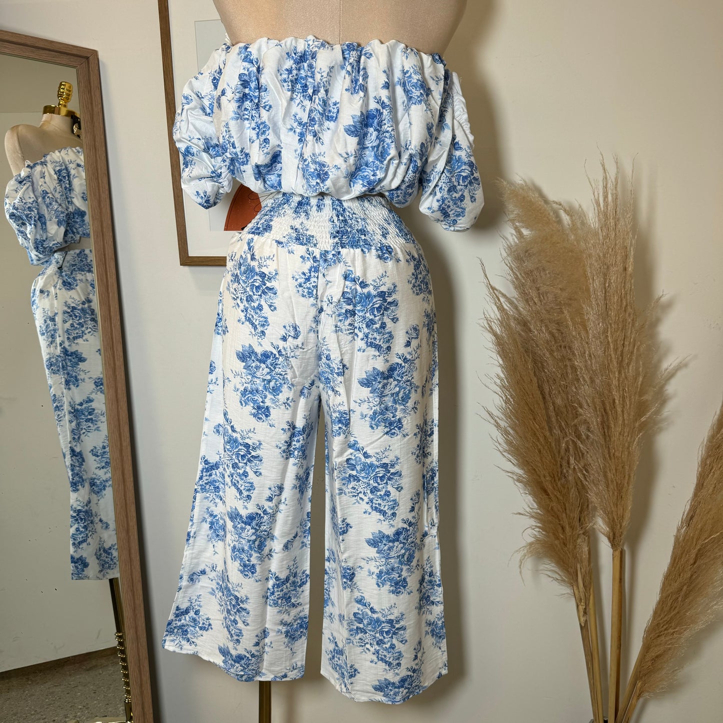 Off Shoulder Floral Top and Pant-Blue/White
