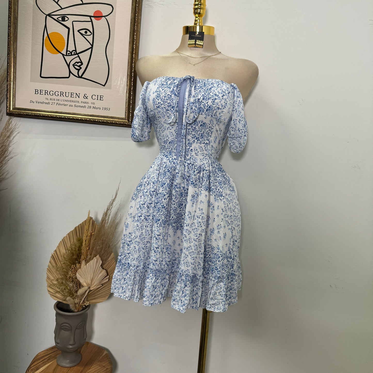 Square Neck Floral Corset Dress-Blue