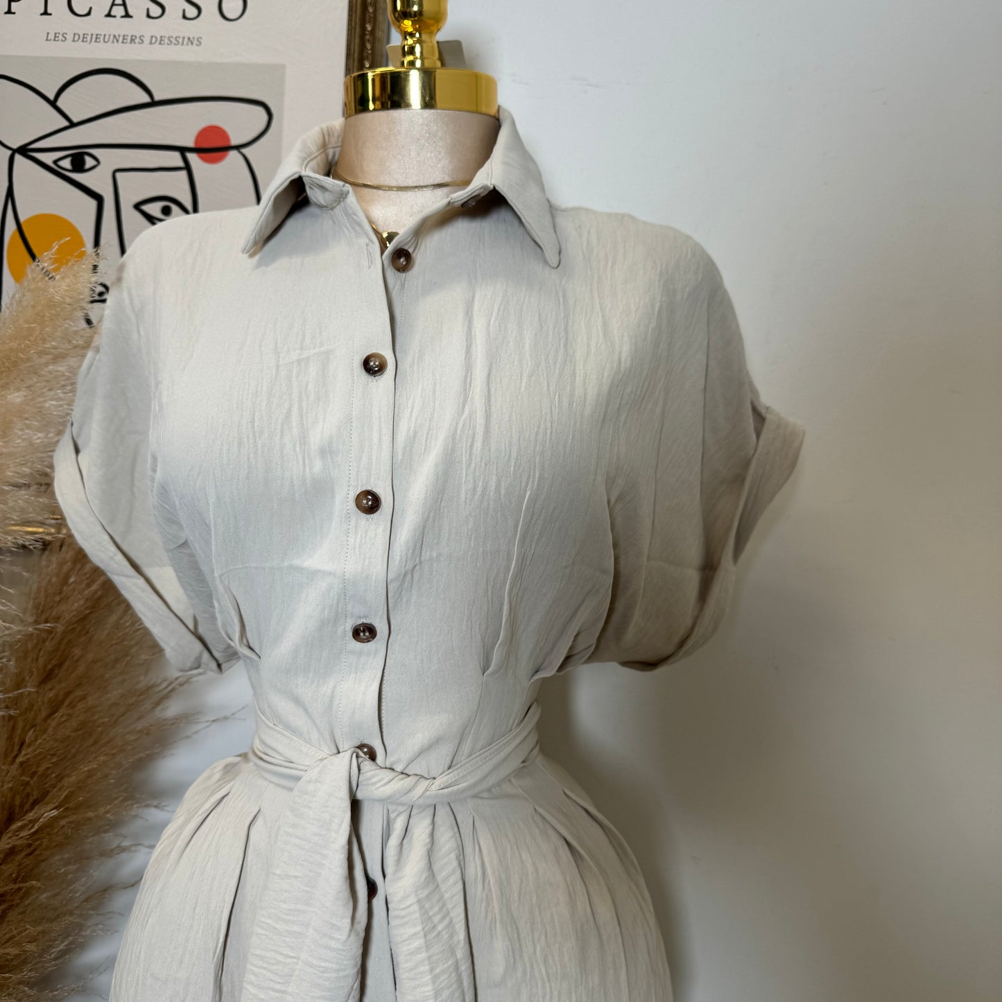 Crinkle Textured Dolman Sleeve Shirt Belted Romper -Cream