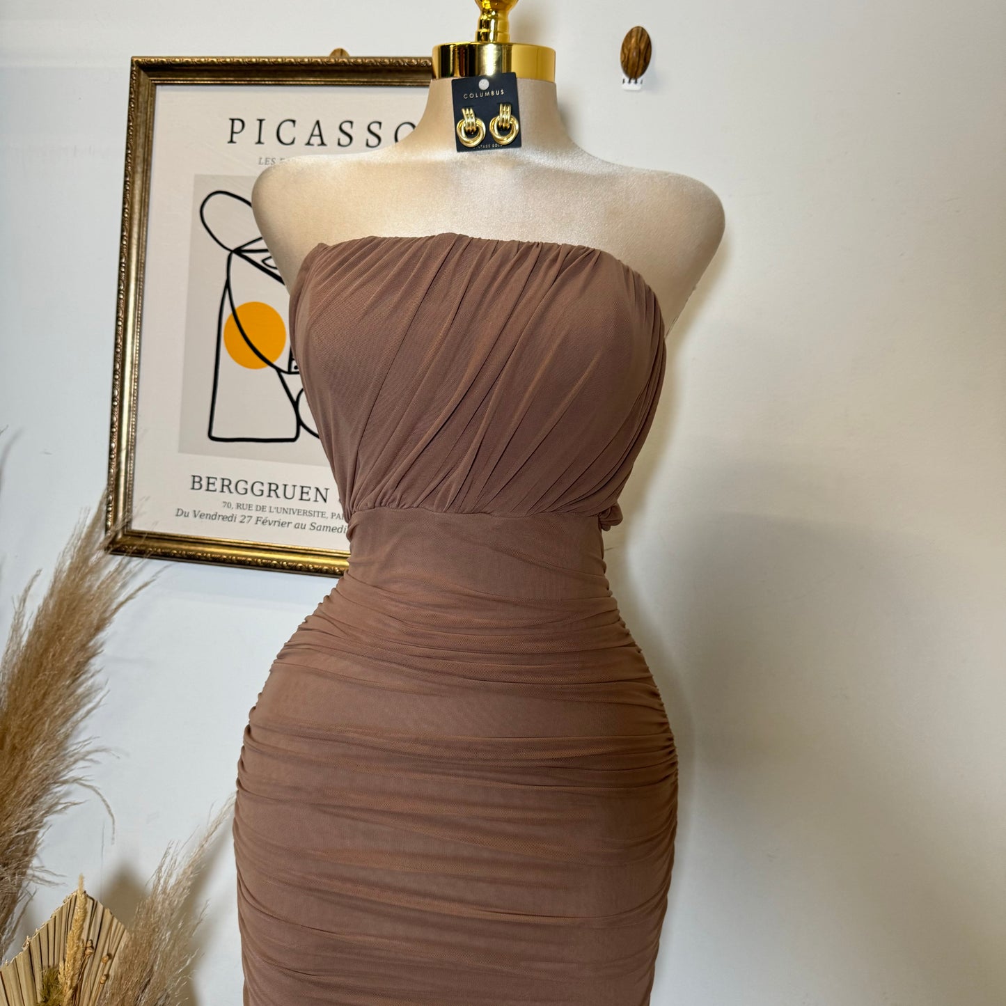 Mesh Off Shoulder Maxi Dress-Brown