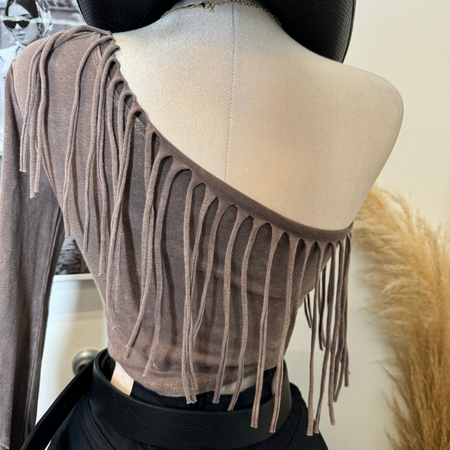 One Shoulder Fringe Top-Brown