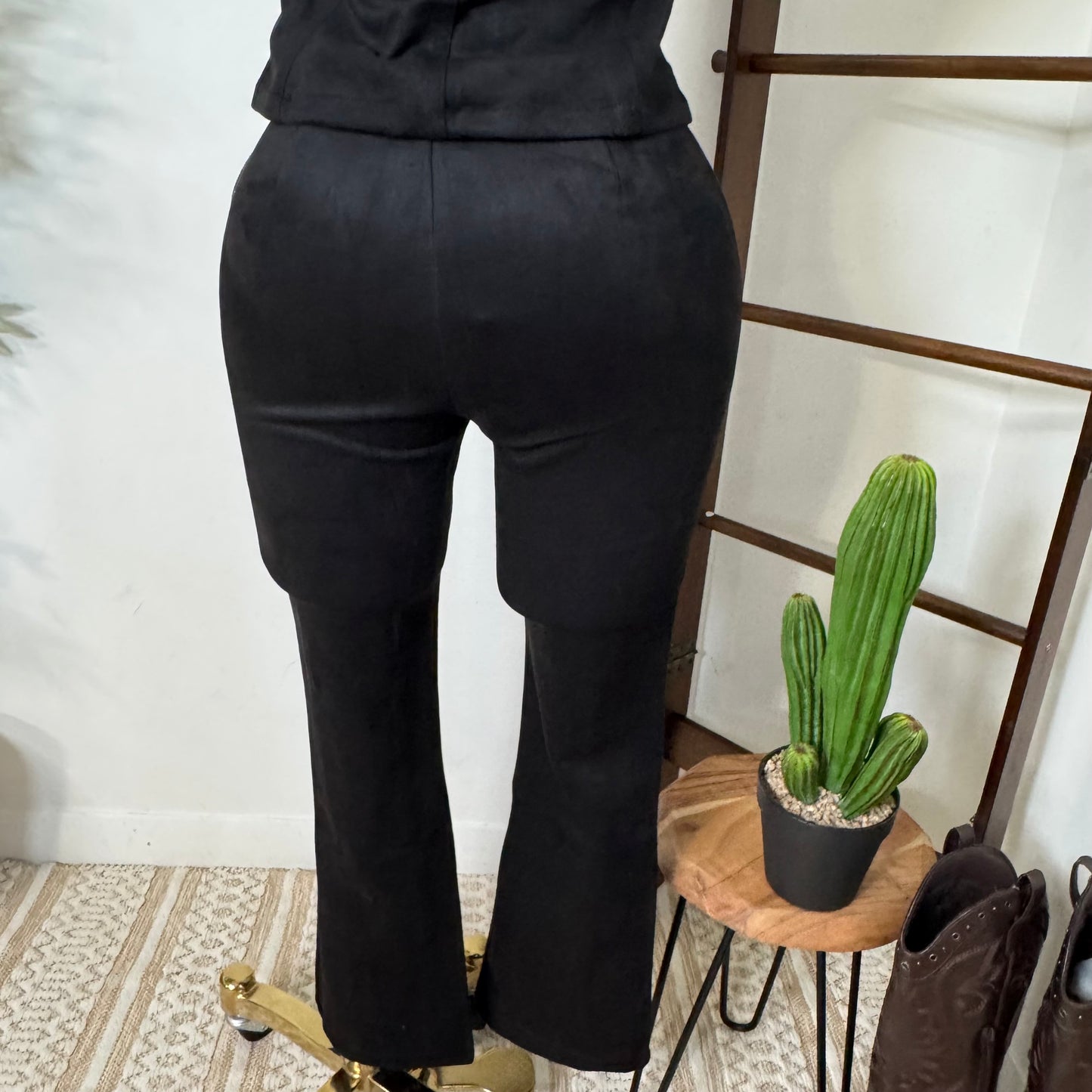 Suede Flare Pants-Black