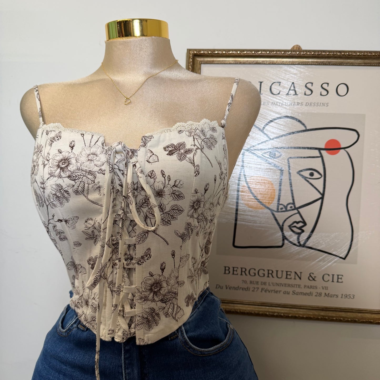 Lace Trim Neck Smocked Back Floral Corset Crop Top-Beige/Brown