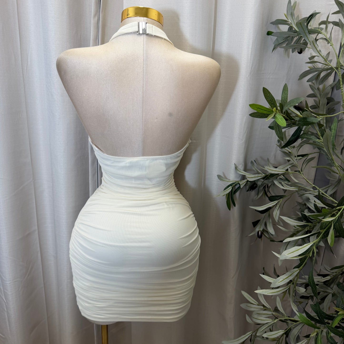 Ruched Plunging Halter Bodycon Mini Dress-Ivory