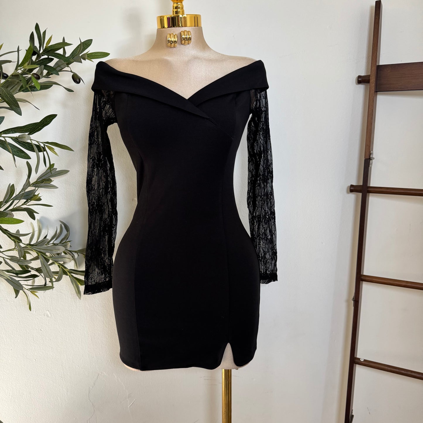 Nylon Ponte off Shoulder Long sleeve -Black