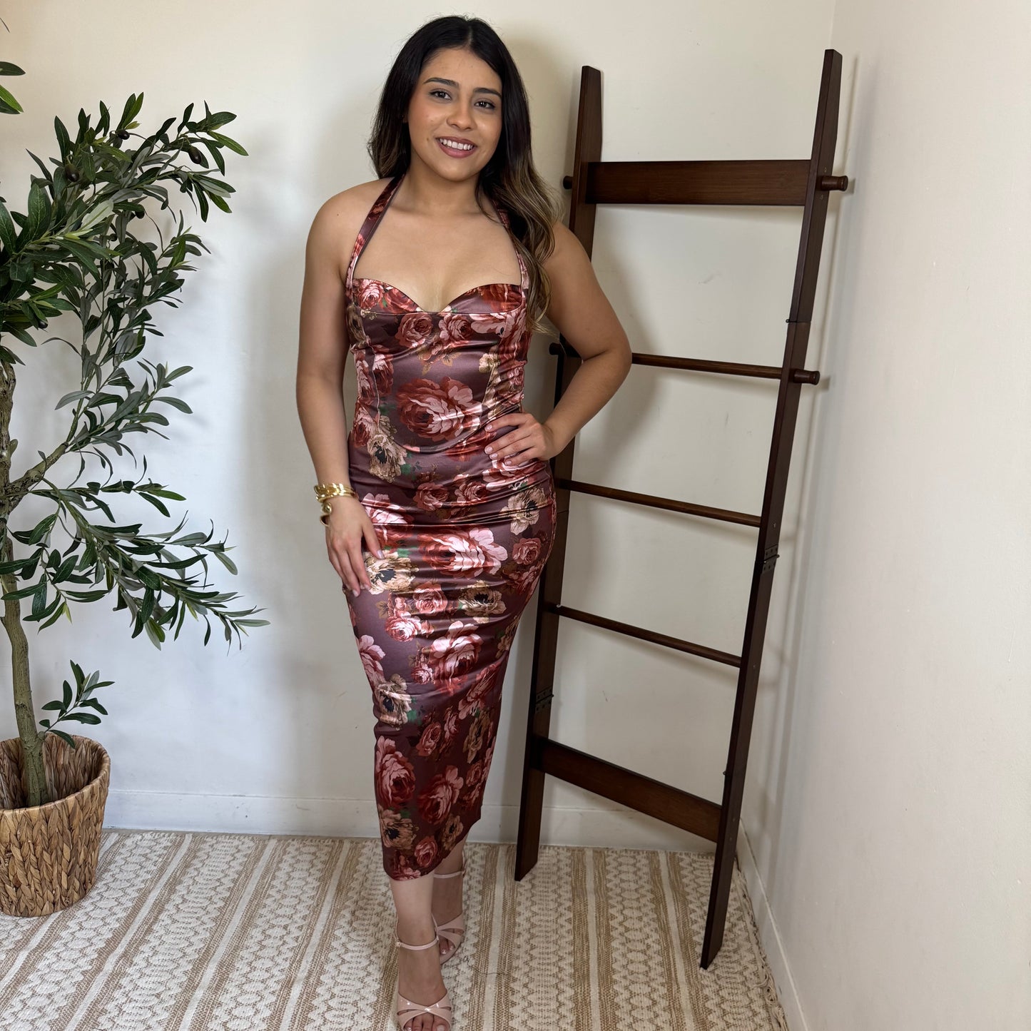 Peekaboo halter Neck Midi Dress-Brown