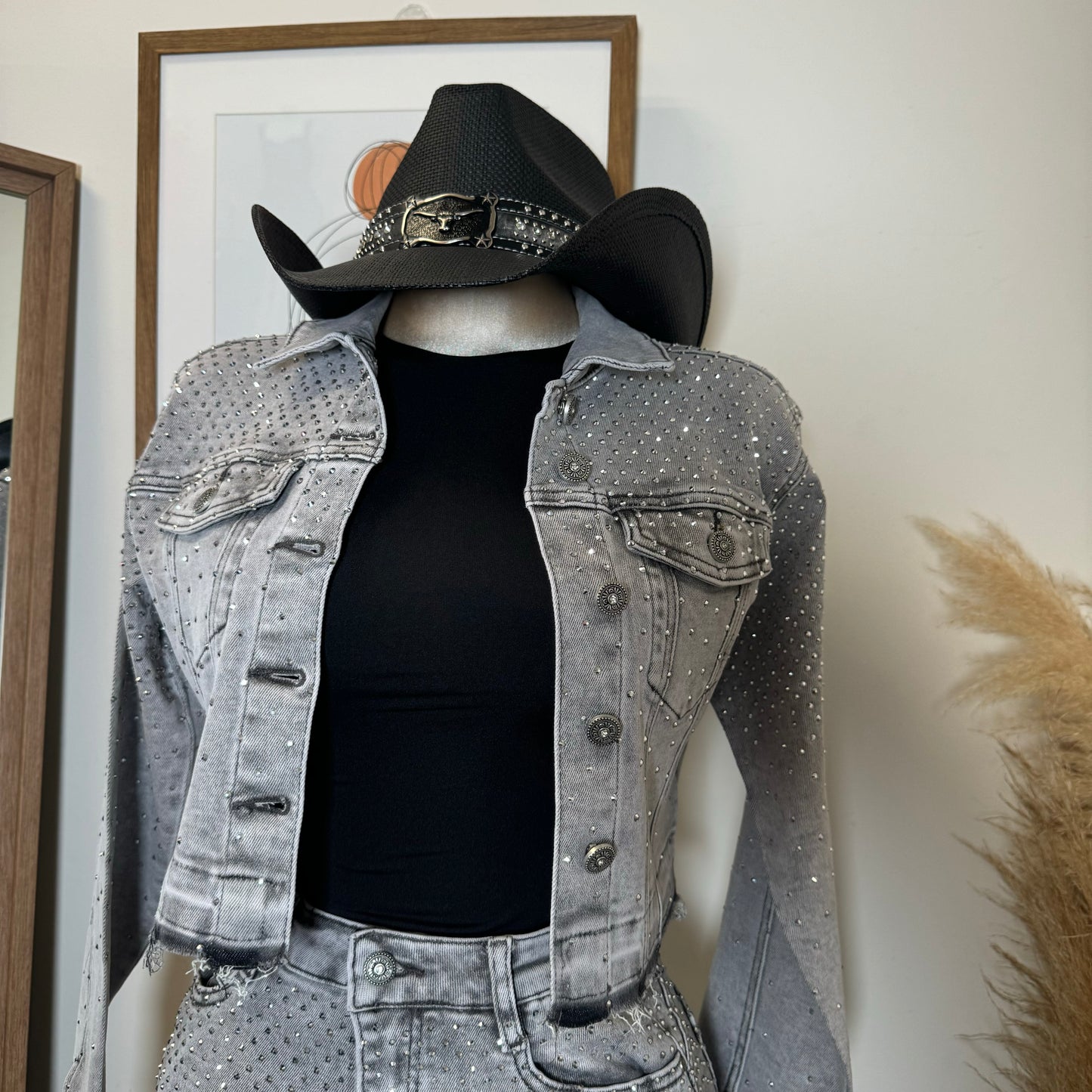 All Rhinestone Denim Jacket -Gray