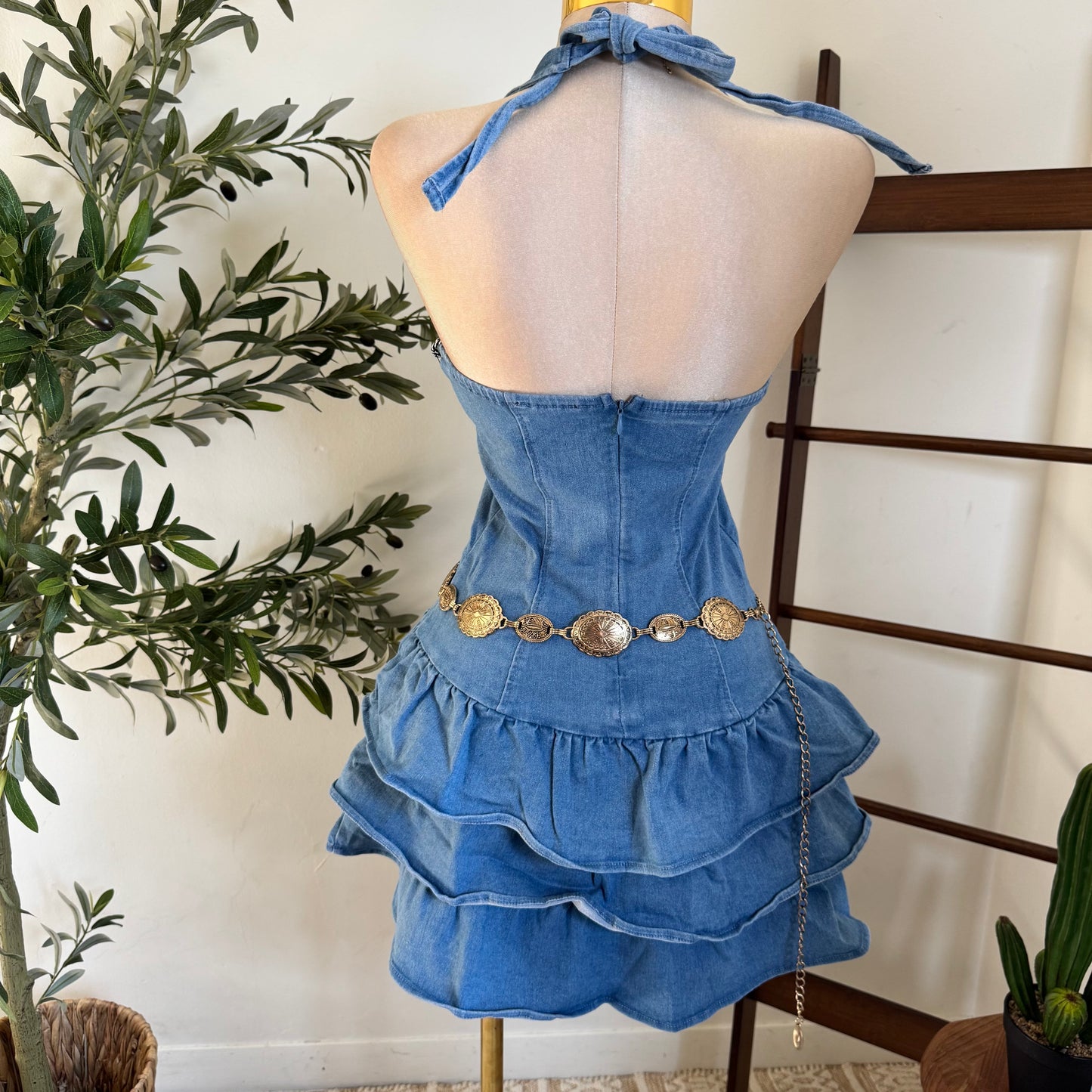 Halter Ruffle Denim Dress-Blue