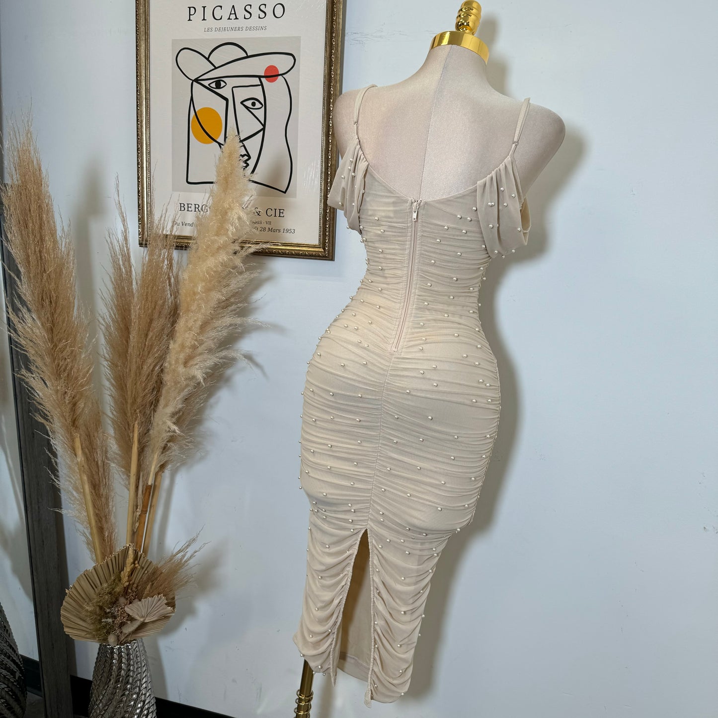 Aria Pearl Midi Dress- Beige