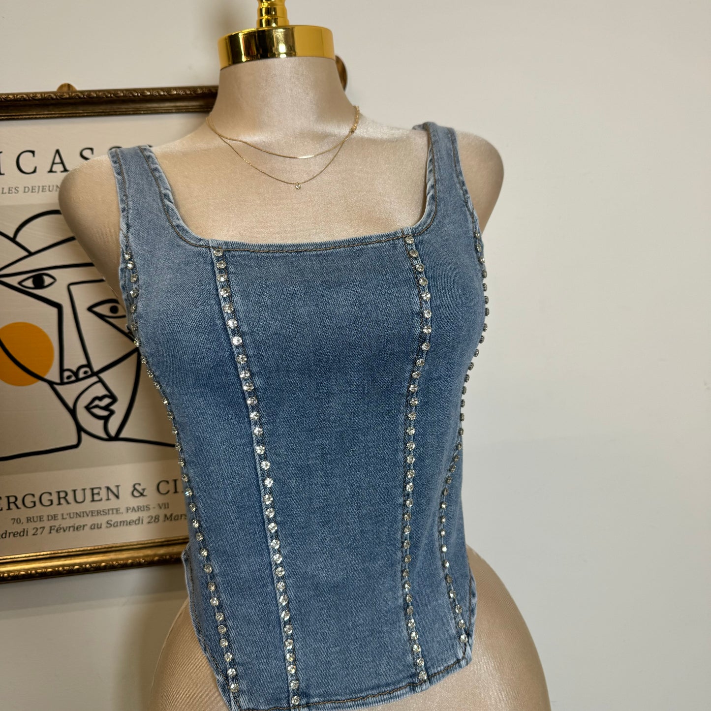 Rhinestone Denim Vest-Blue