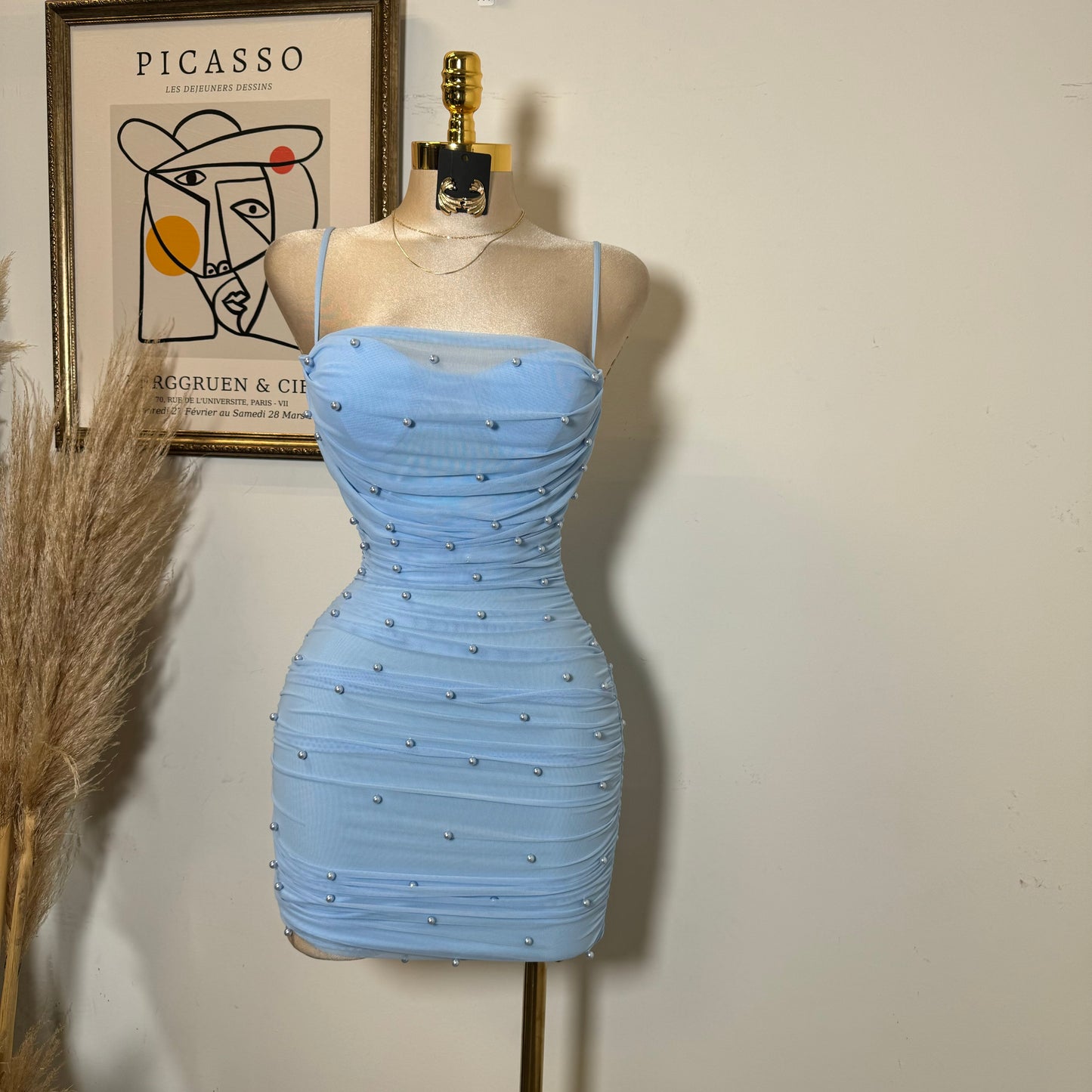 Pearl Mesh Ruched Sleeveless Mini Dress-Baby Blue