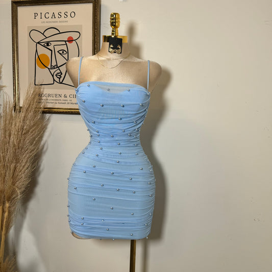 Pearl Mesh Ruched Sleeveless Mini Dress-Baby Blue