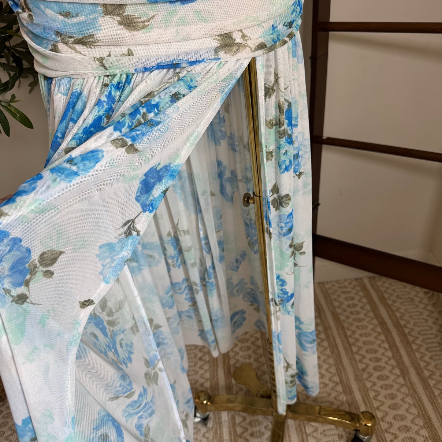 One Shoulder Mesh Maxi Dress-Blue/White