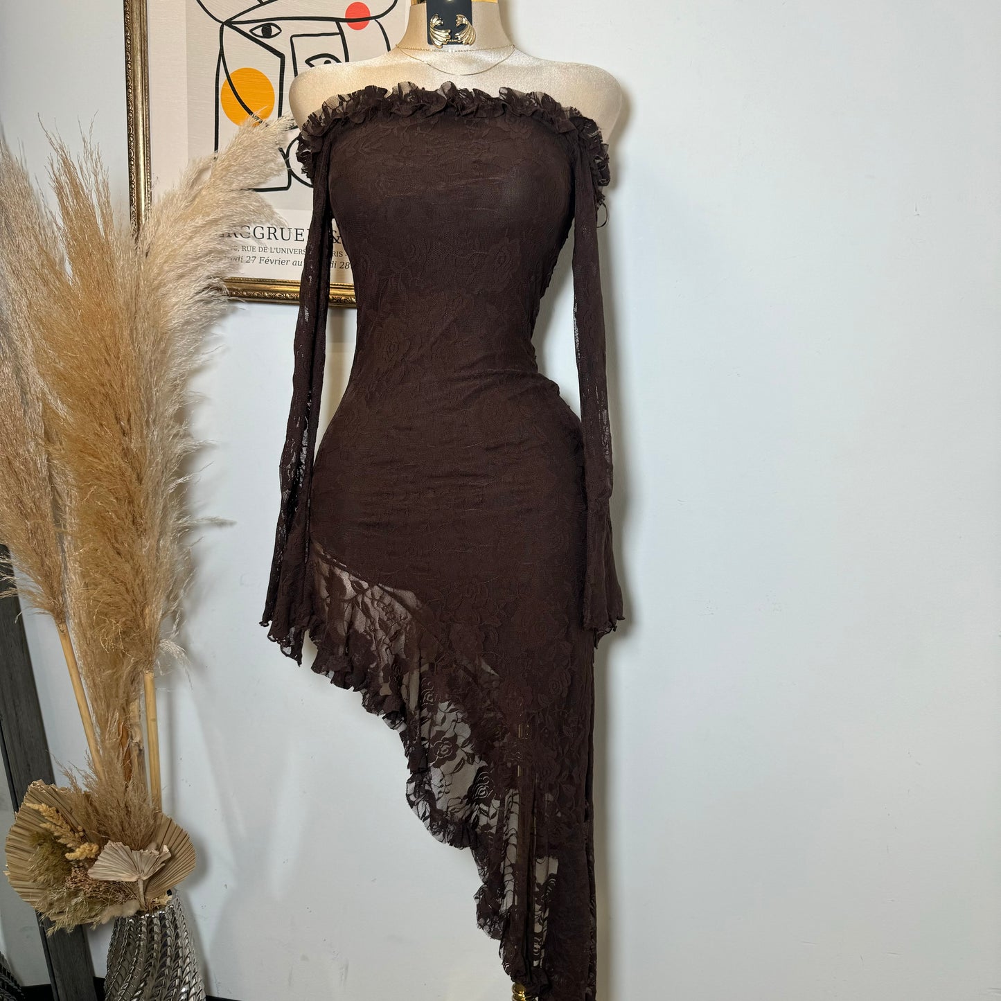 Off Shoulder Lace Dress-Brown