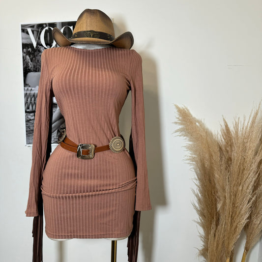Fringe Rib Bodycon Dress-Brown