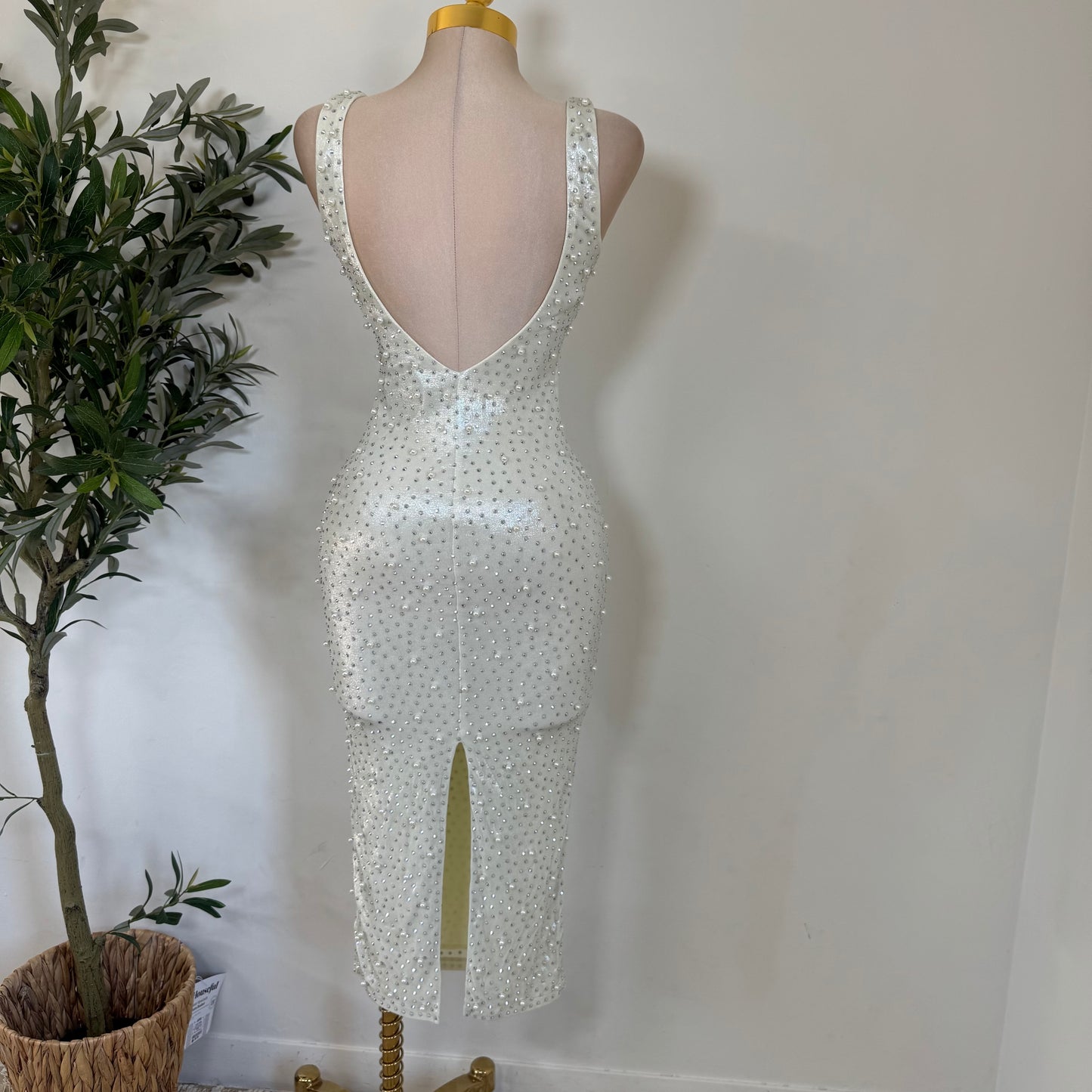 Rhinestone and Pearl beaded Midi Dress-White