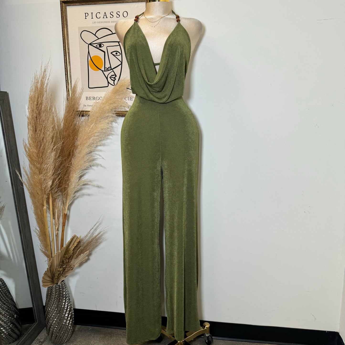 Bead Cowl Neck Halter Jumpsuit-Green