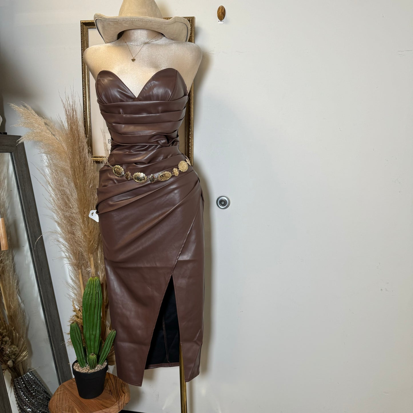 Stretch Faux Leather Midi Dress-DK Brown