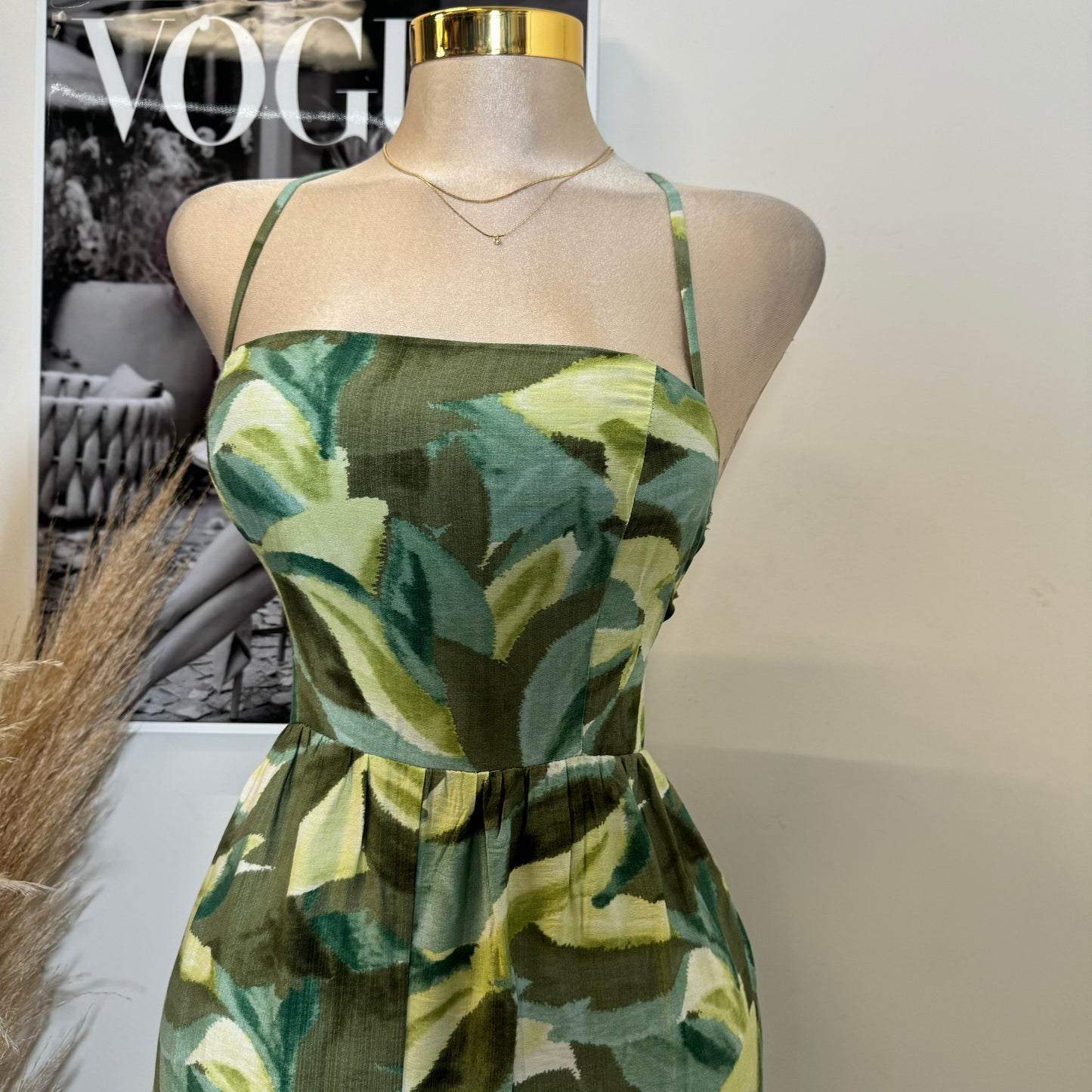 Linen Print Square Neck Back Lace up Jumpsuit-Green