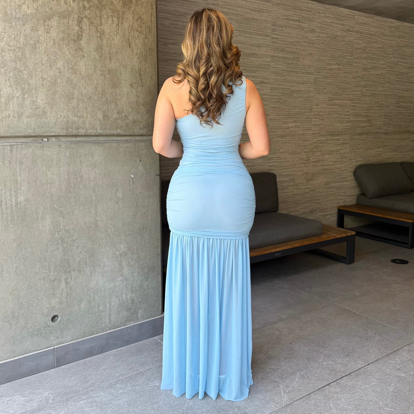 One Shoulder Mesh Maxi Dress-Baby Blue