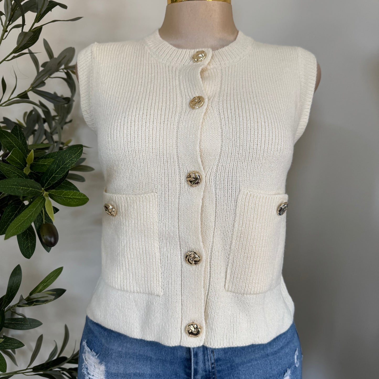 Sleeveless Knit Sweater Vest -Ivory