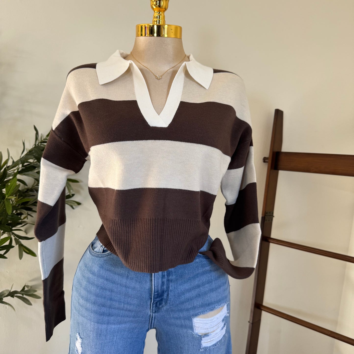 Striped Cropped Sweater-Brown