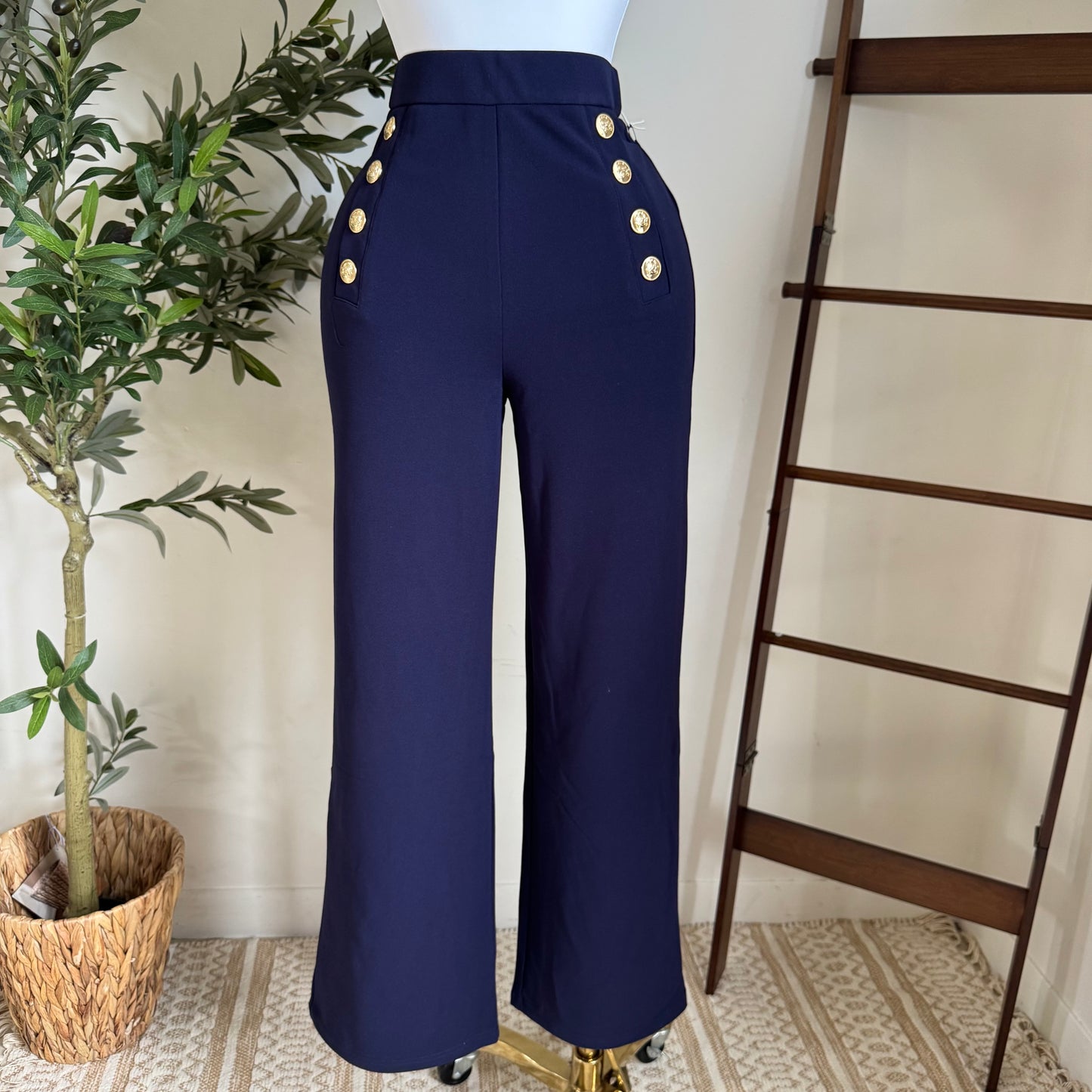 High waisted Dressy Pants with Buttons on the Side-Navy