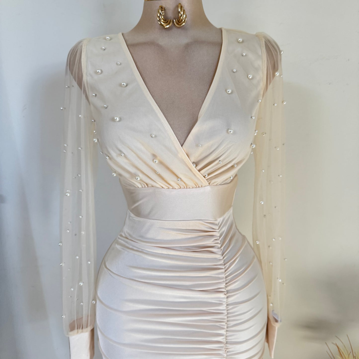 Pearl Beaded Mesh Power Satin Midi Dress-Cream