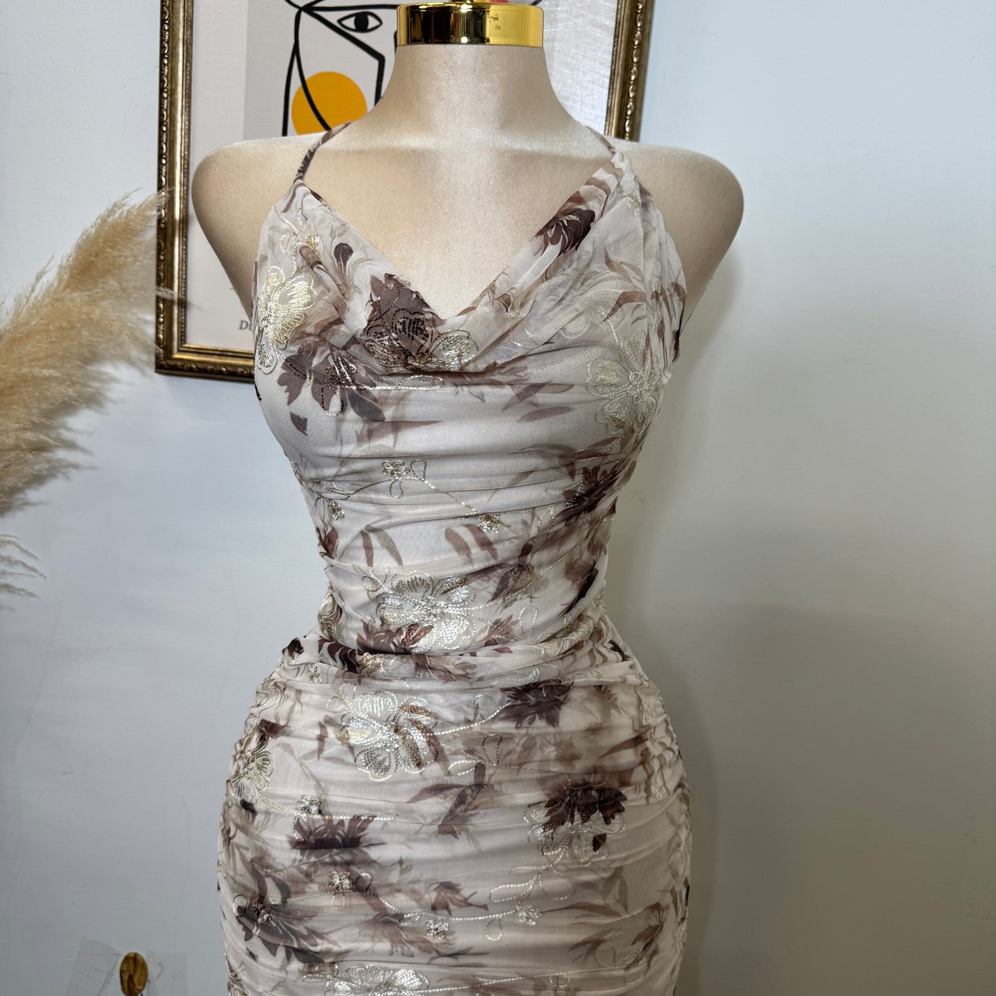 Deep Plunge Halter Neck a-Line Midi Dress-Brown