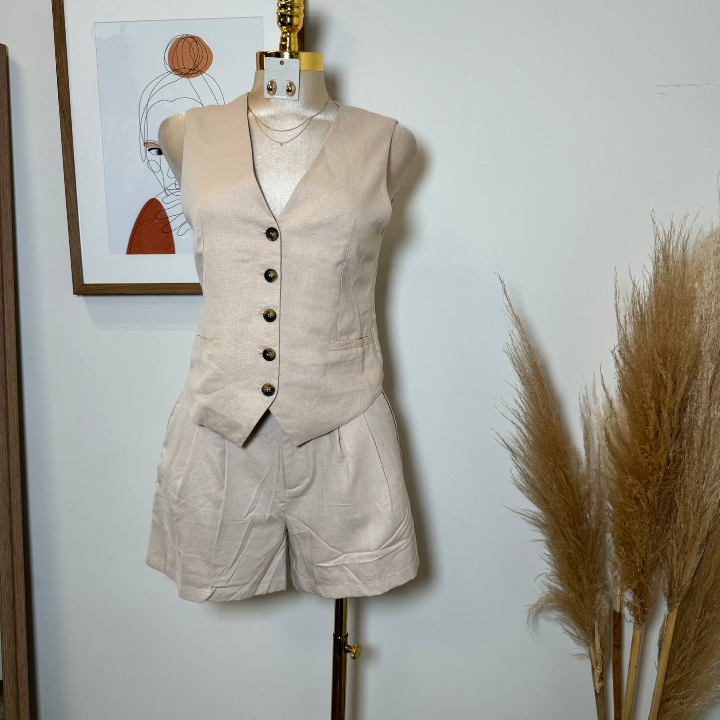 Vamonos Linen Short Vest Set-Khaki