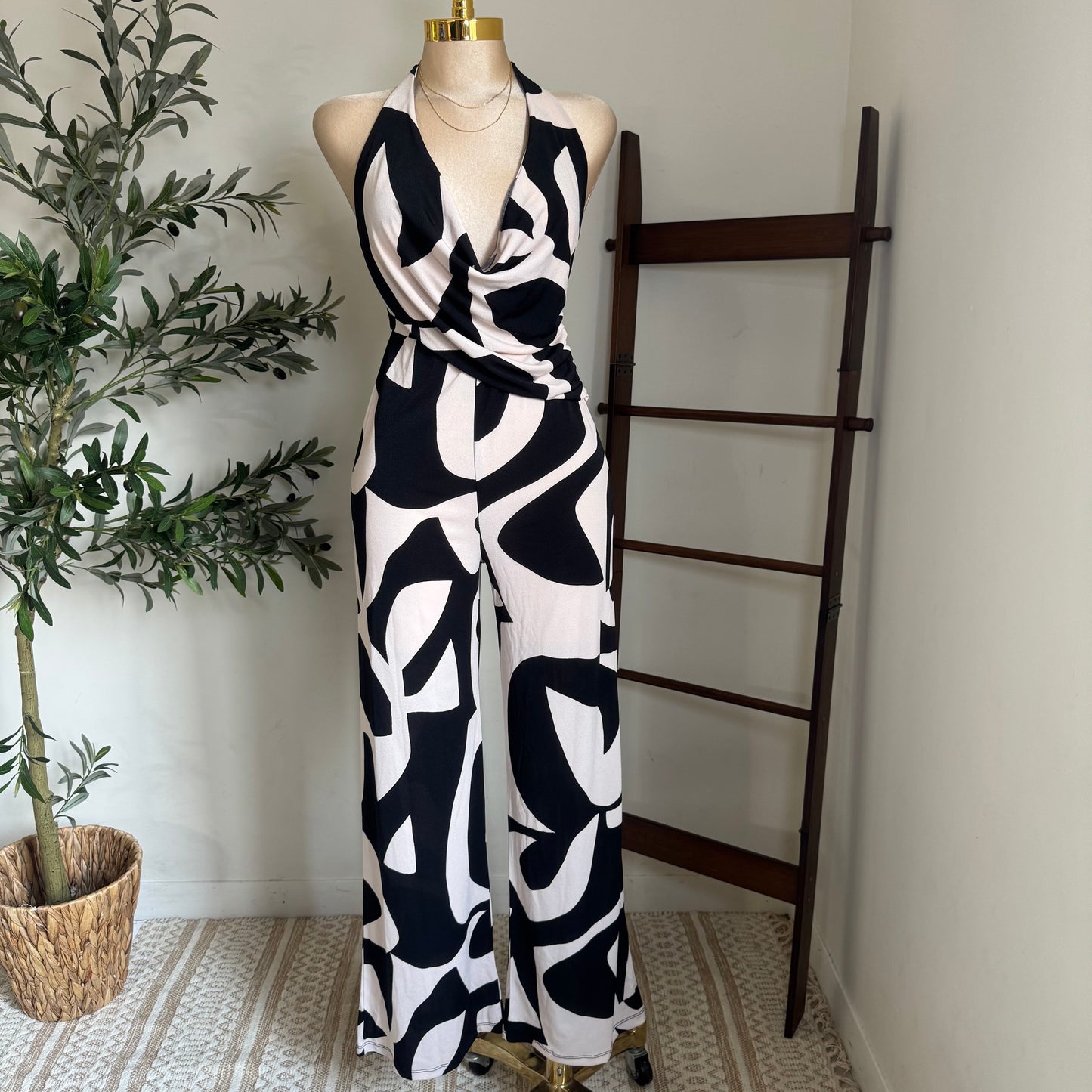 Halter Jumpsuit-Black/White