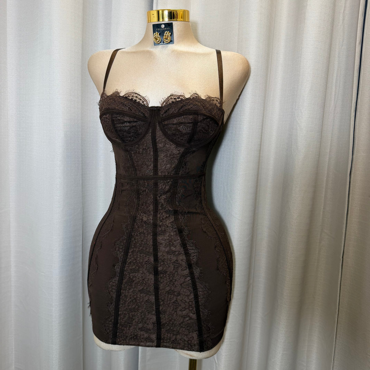 Lace Mesh Dress-Brown