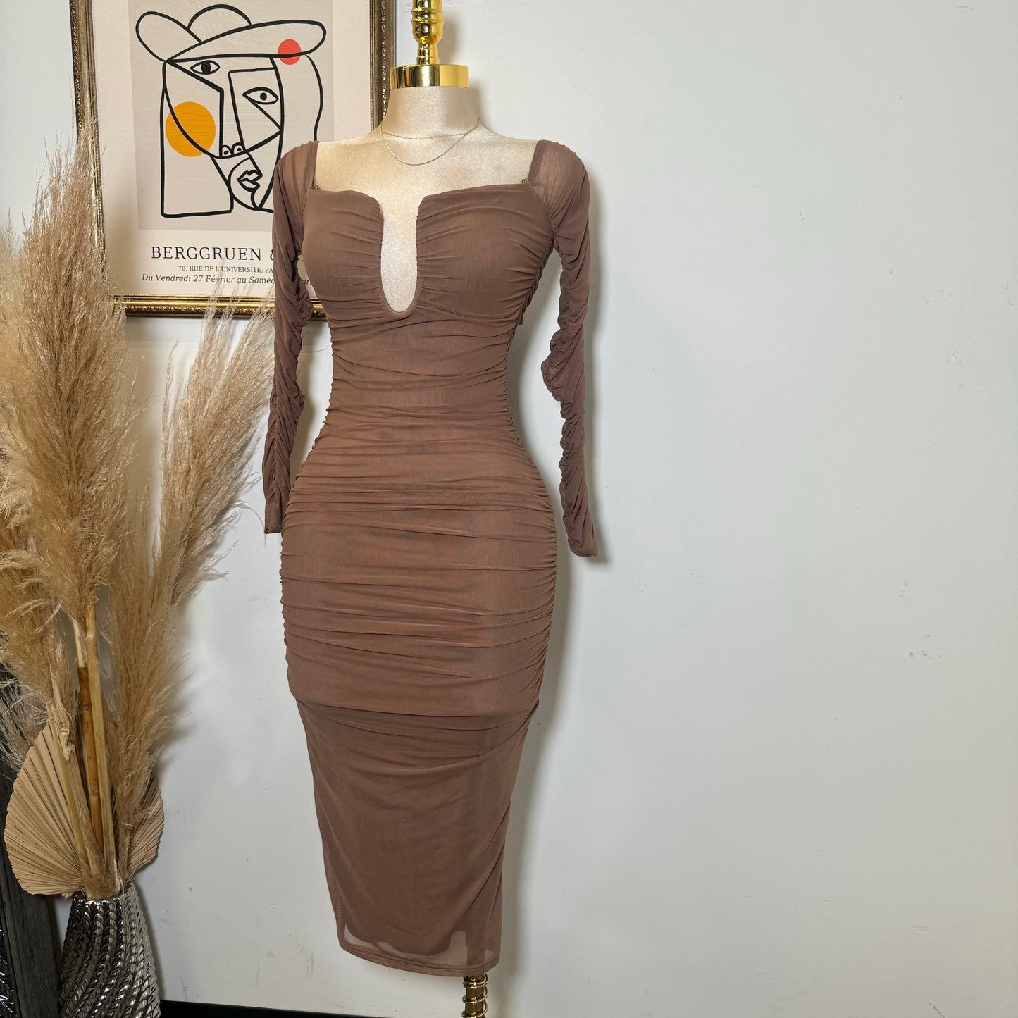 Mesh Off Shoulder Long Sleeve Dress-Brown