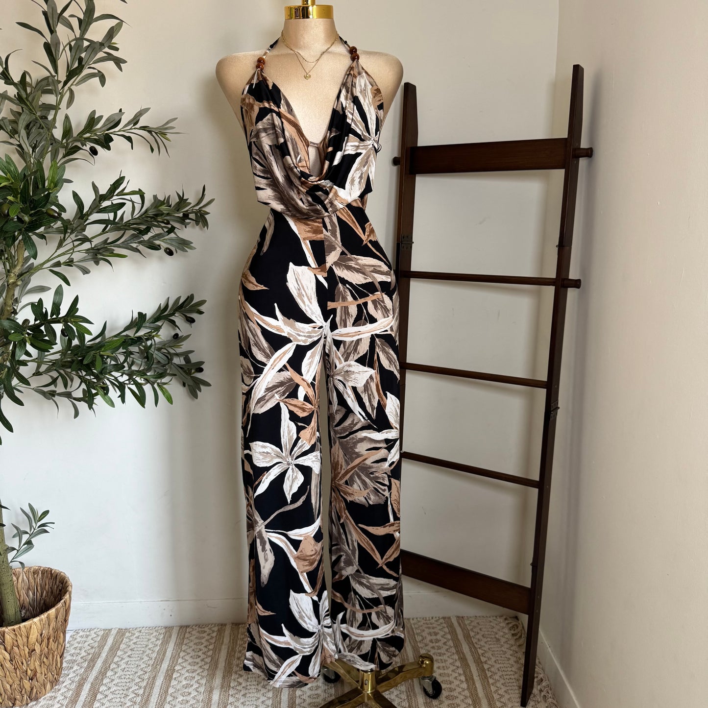 Bead Cowl Neck Halter Jumpsuit-Leaf Print