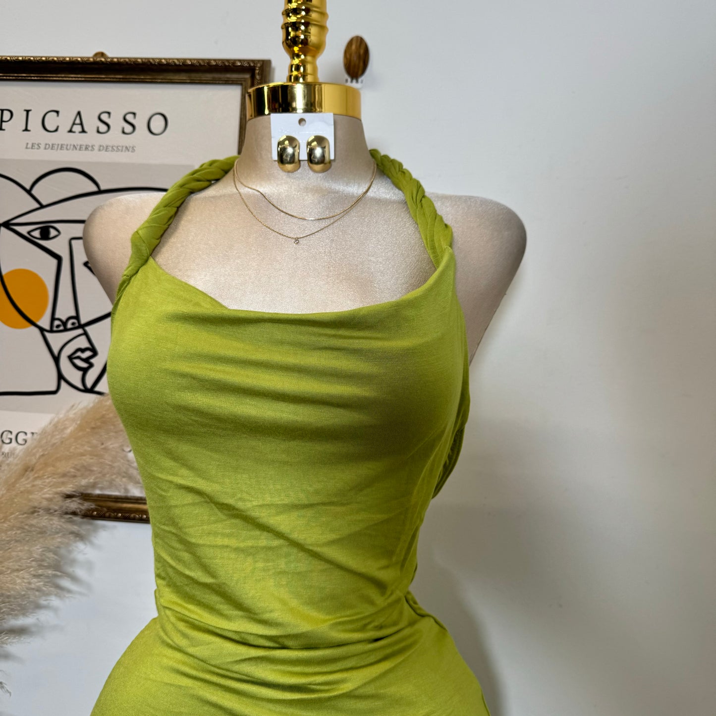 Braided Halter Dress-Green
