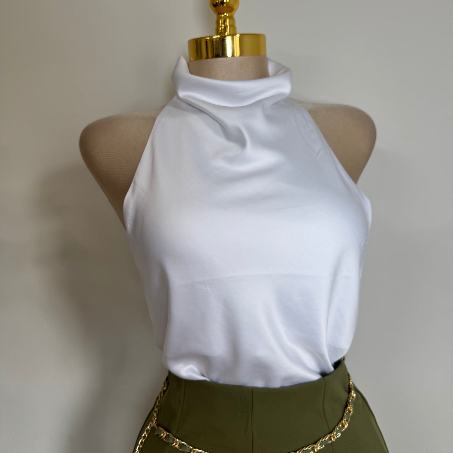 Satin Halter Open Back Top-White