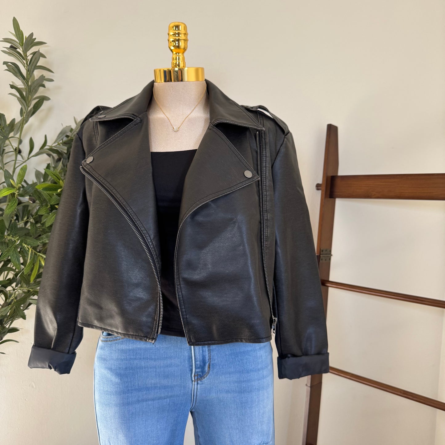 Vintage Wash Faux Leather Motor Jacket-Black