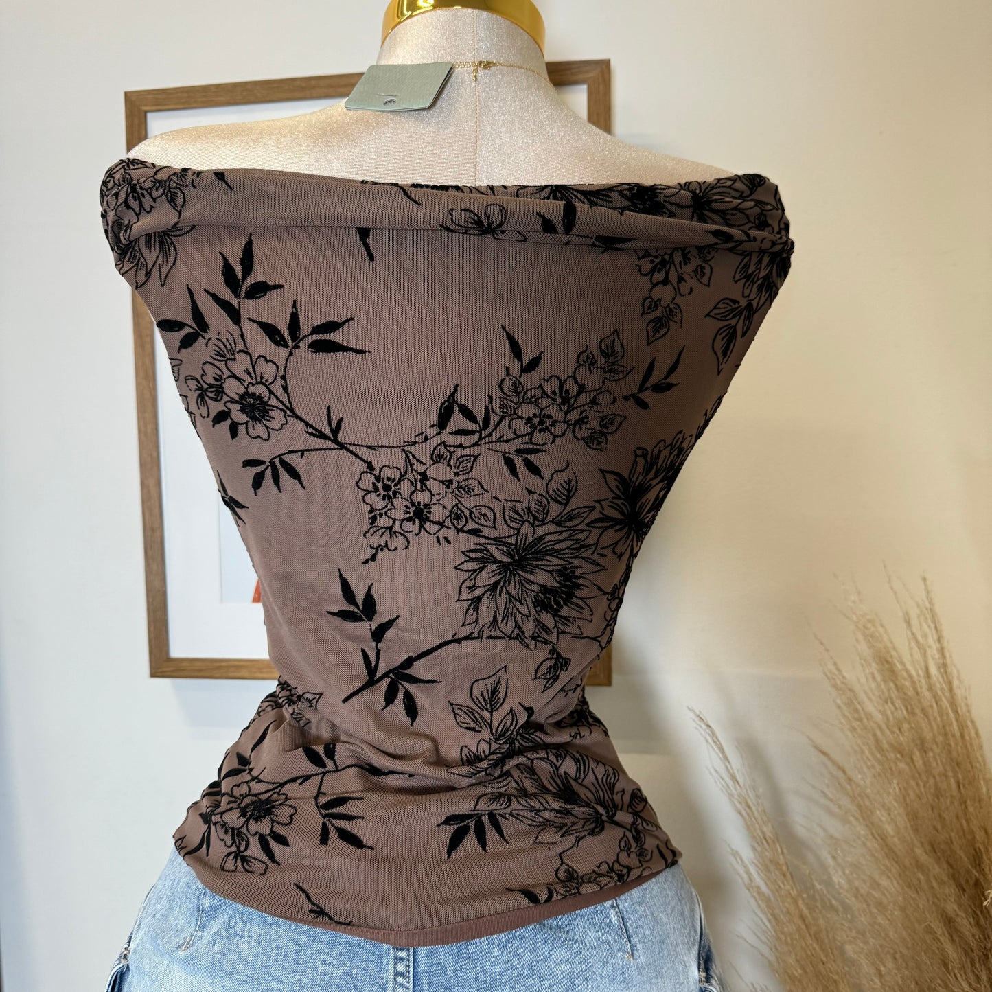 Elina Flocked Mesh Off Shoulder Top-Mocha