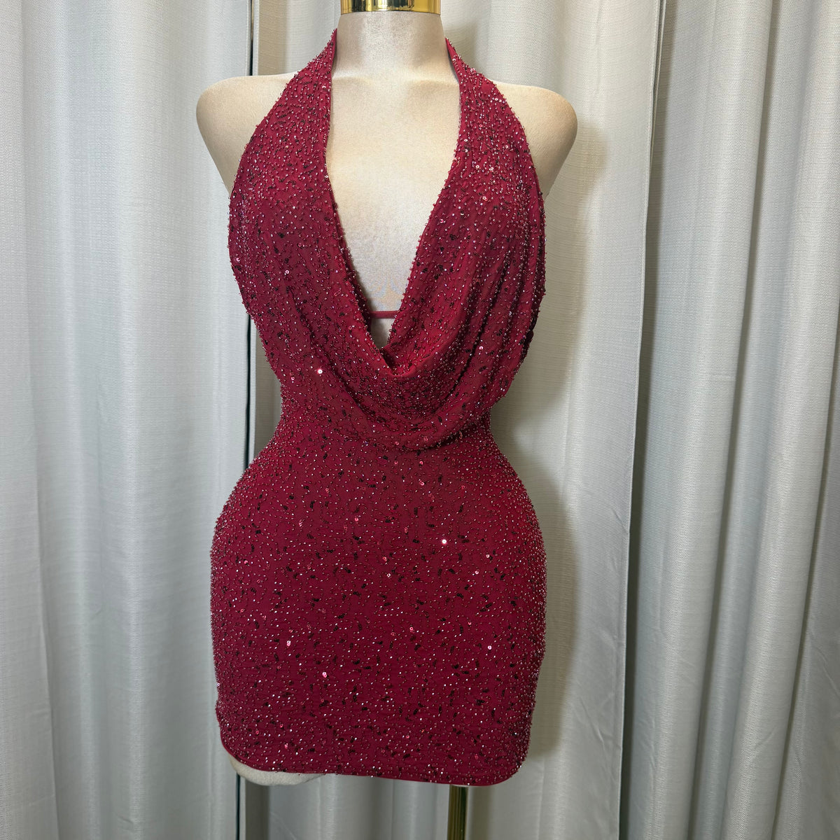 Halter sequins Beads Mini Dress-Burgundy/Red