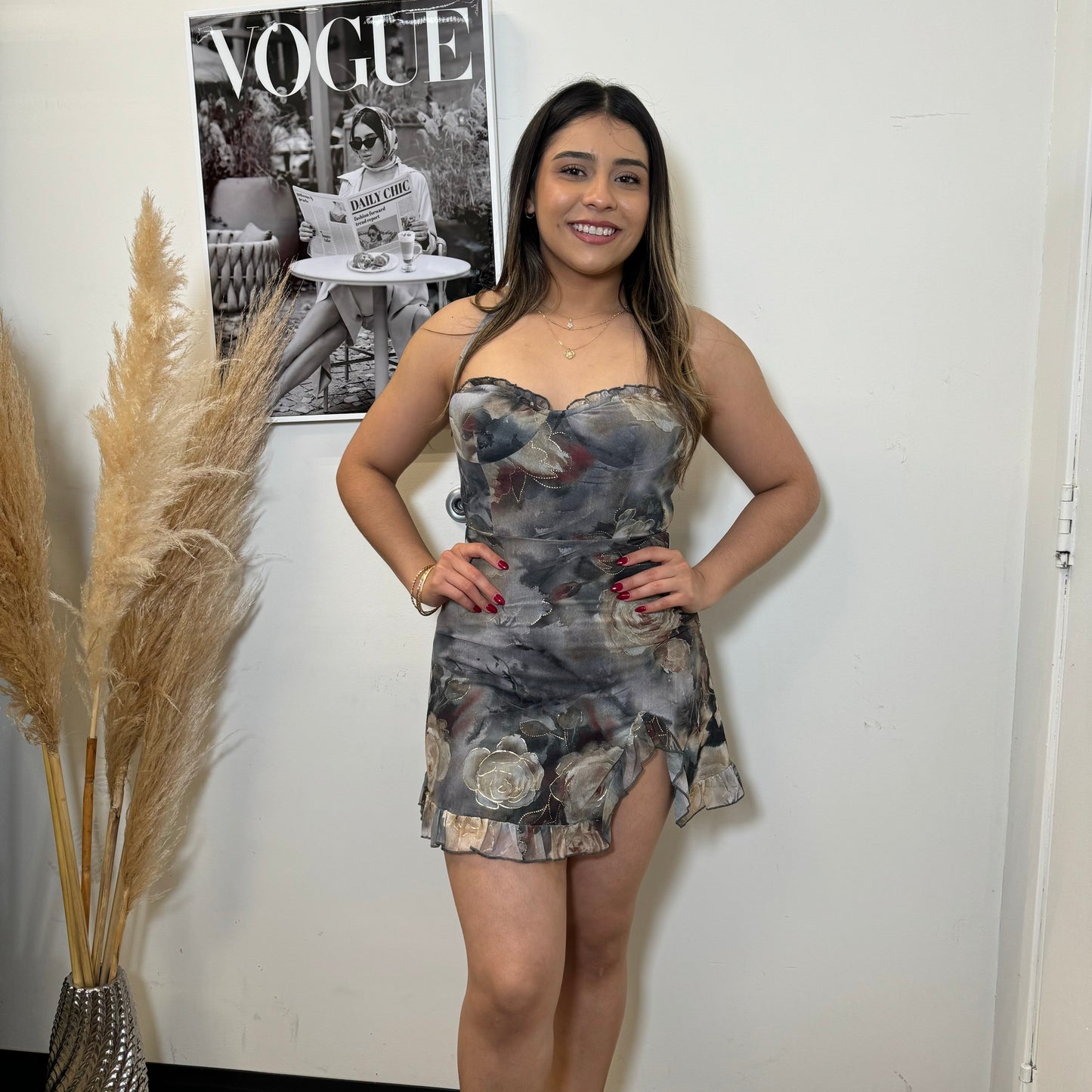 Flower Printed Dress-Grey