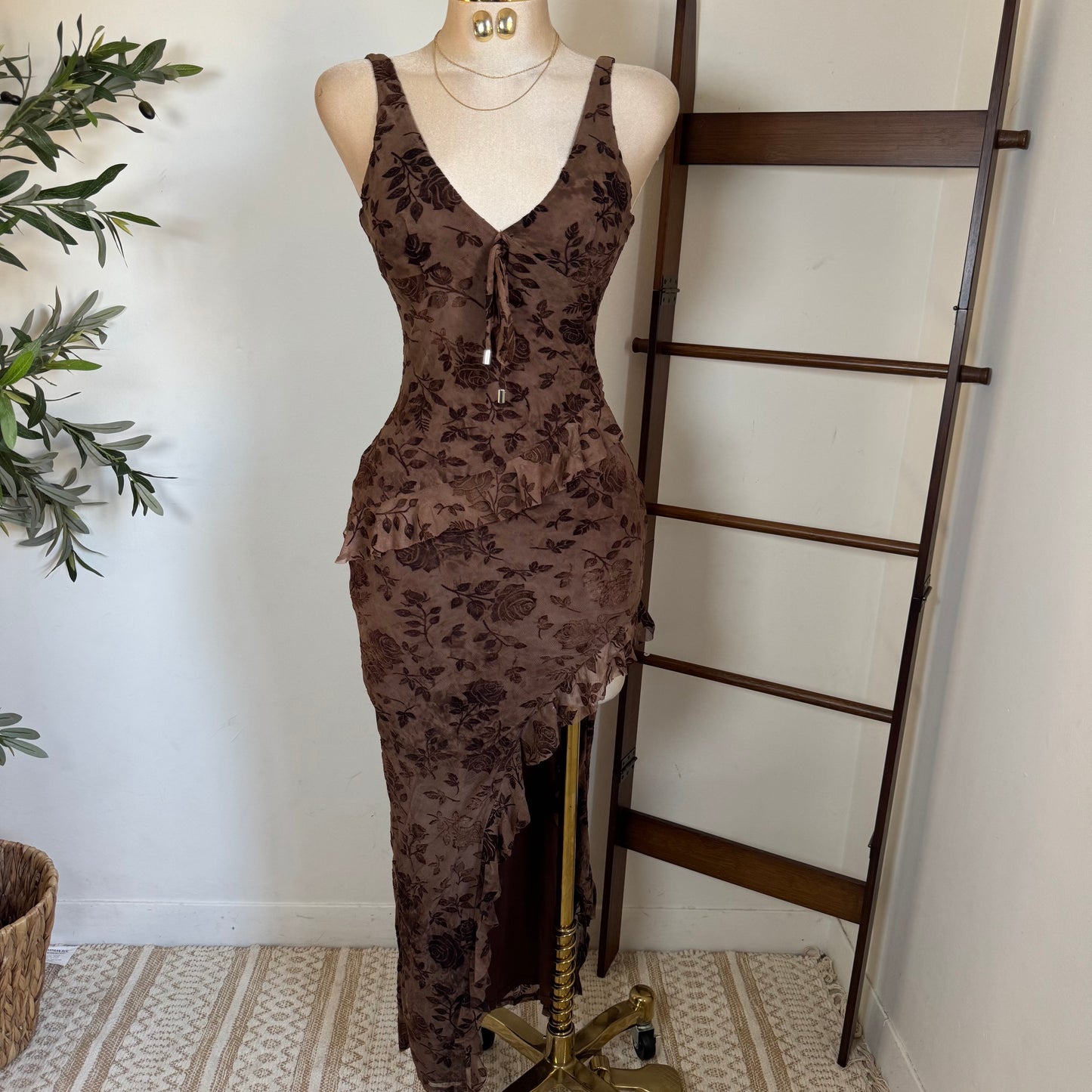 Halter Floral Print Dress- Chocolate