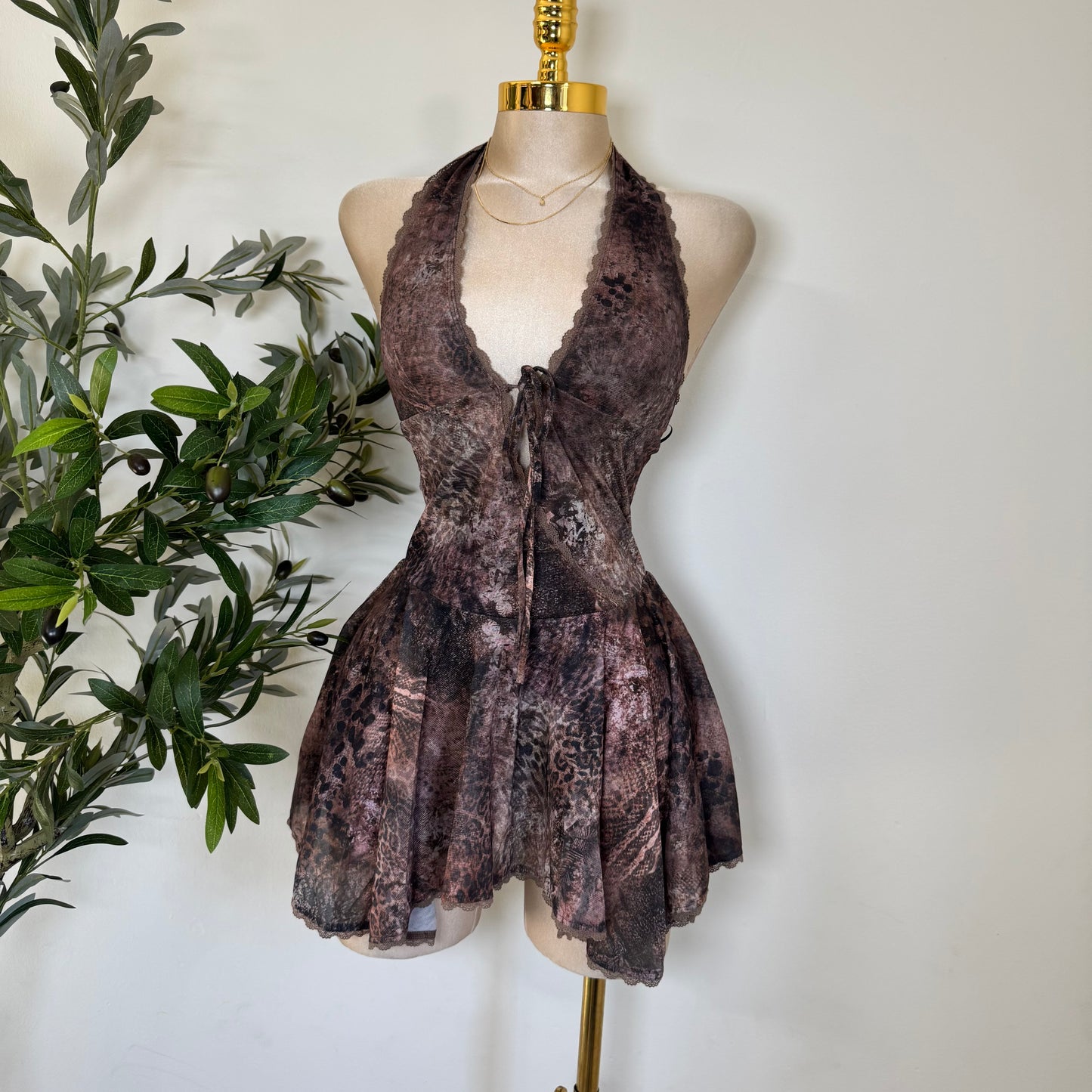 Halter Mini Dress-Brown Print