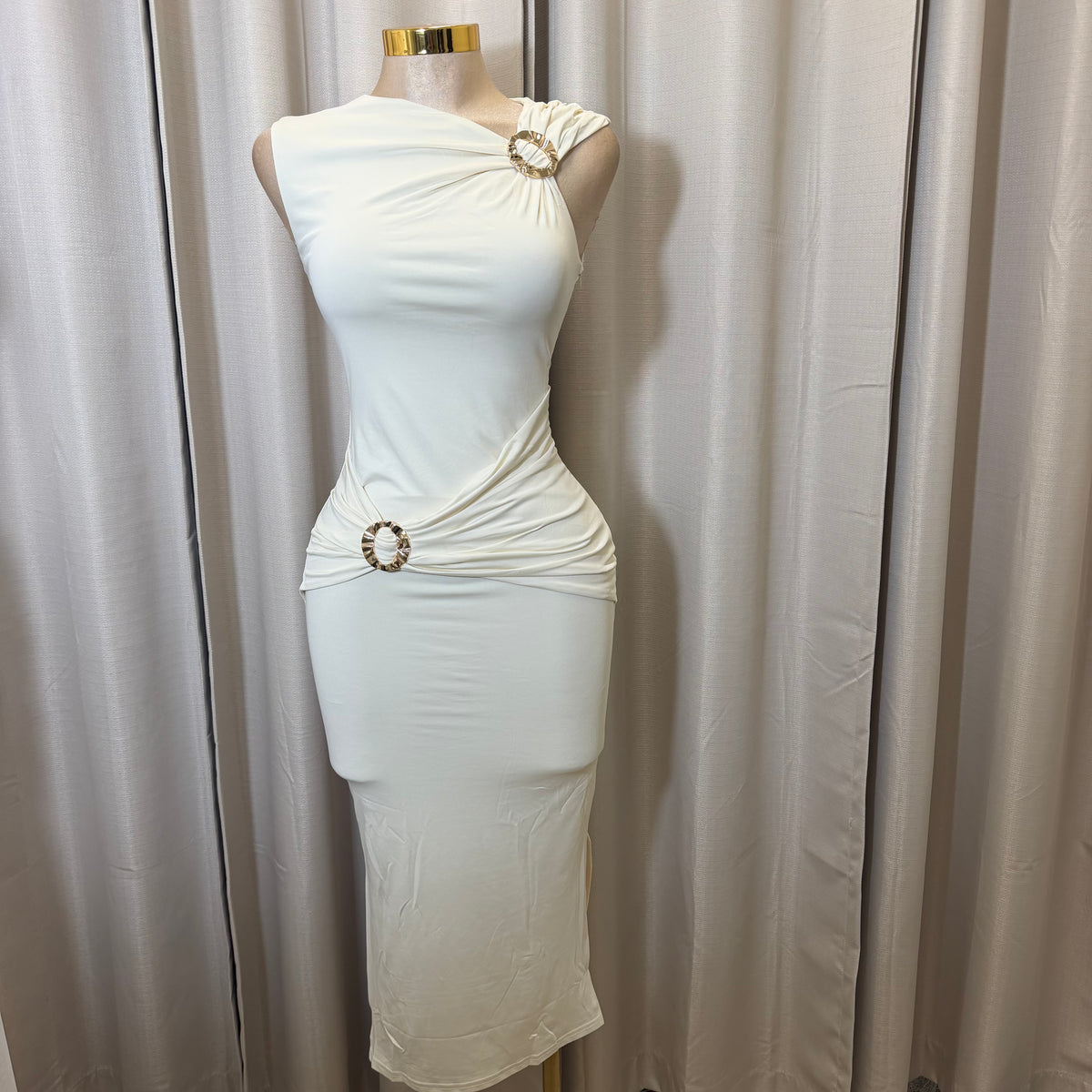 Ring Detail Ruched Midi Dress-Cream/White