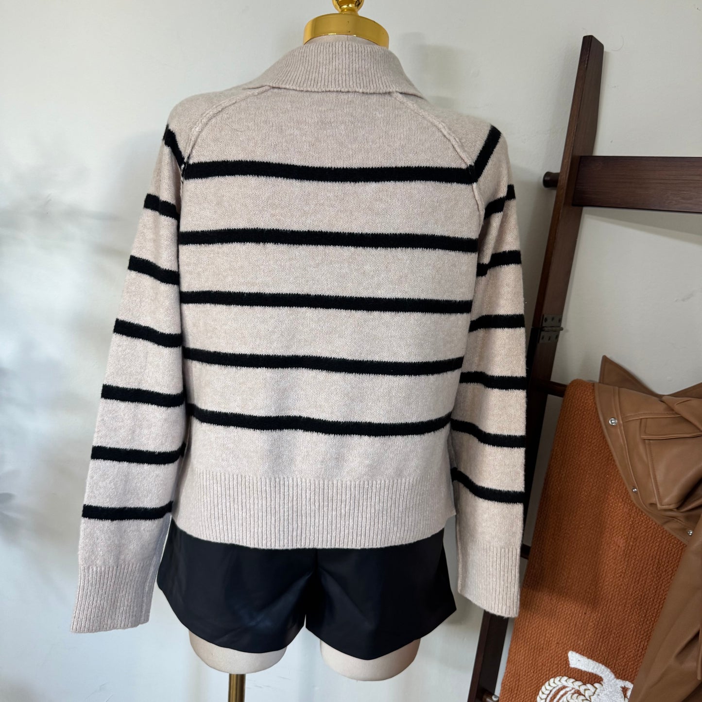 V-Neck Stripes Polo Sweater- Beige