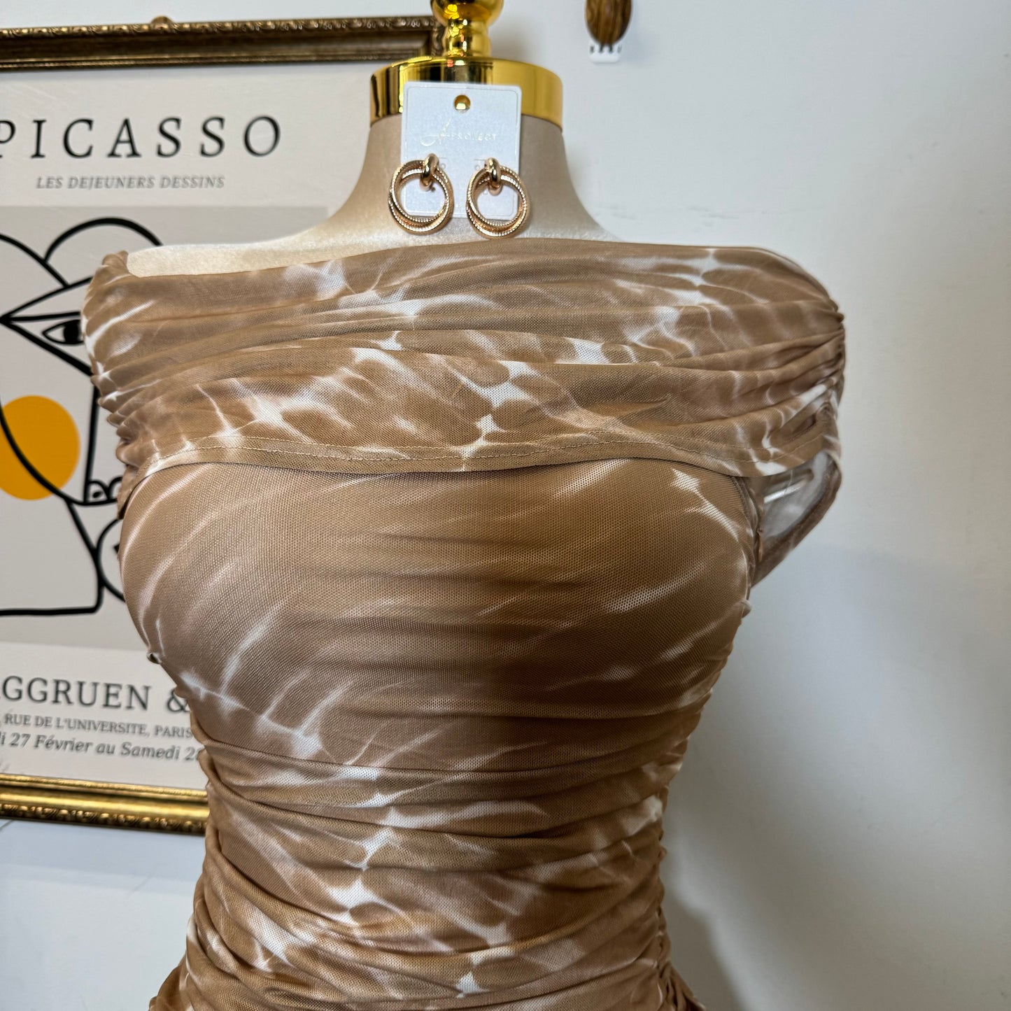 Off Shoulder Mesh Dress-Brown