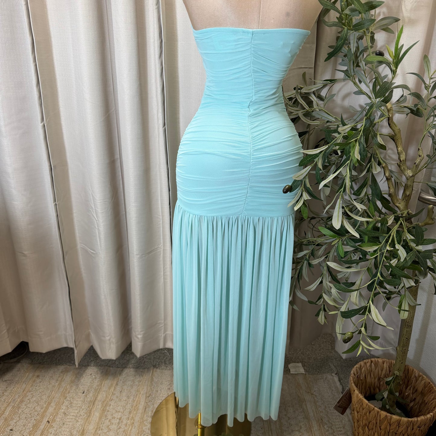 Tube Mesh Maxi Dress With front keyhole and tie Detail-Aqua