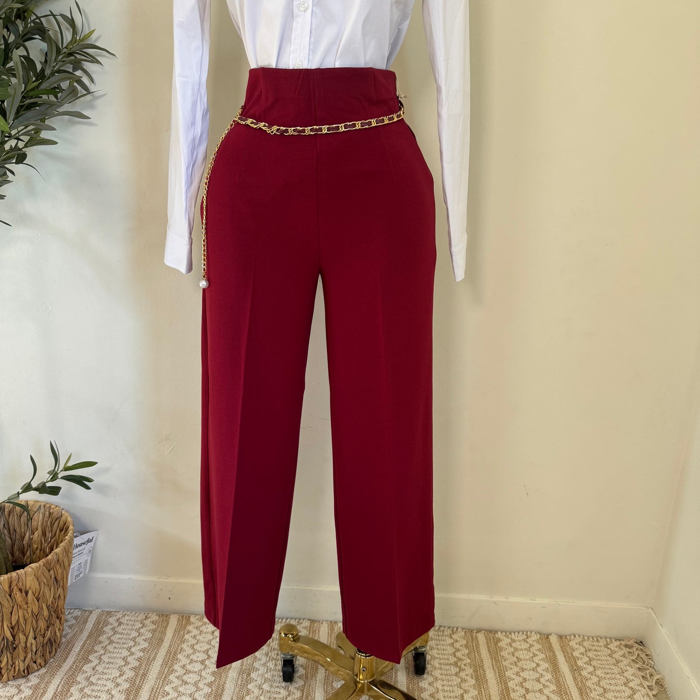Dressy Pant with Chain- Burgundy