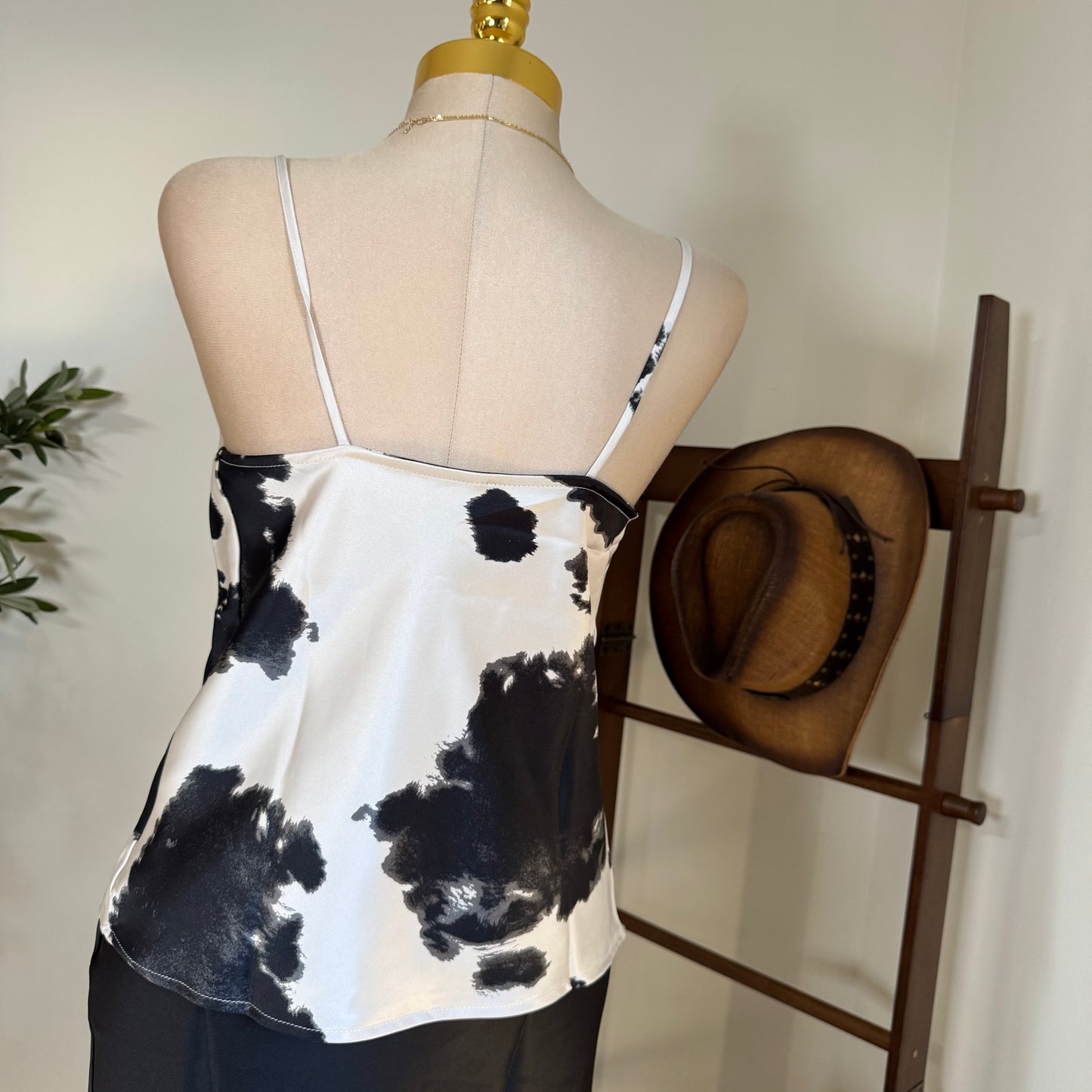 Satin Cow Print spaghetti Top-Black