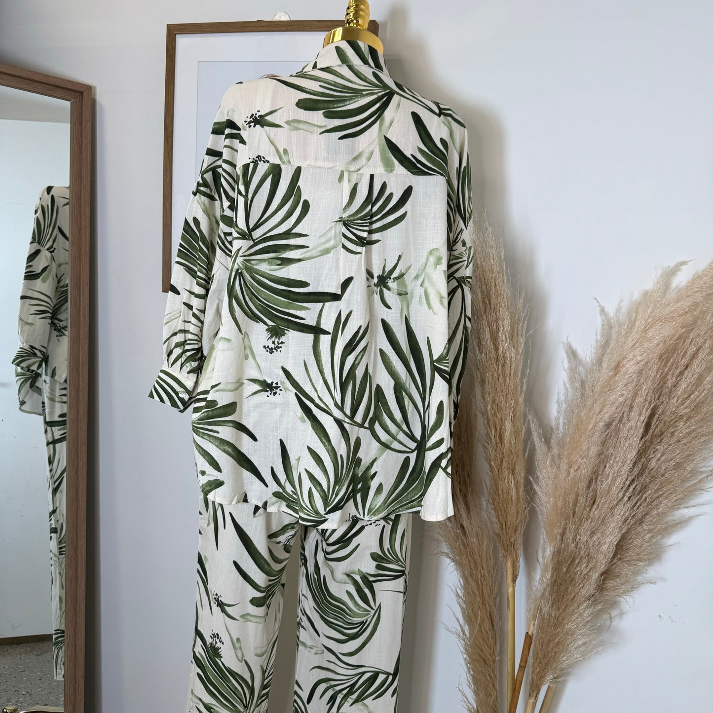 Palm Linen Pant Set-Green/white
